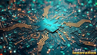 A cross-shaped computer chip sits on a circuit board lit with tiny cyan lights