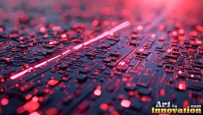 Angled across a circuit board, a bright red light line shines