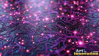 A dark computer circuit board with bright purple traces and pink lights