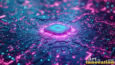 On a blue circuit board, a square microchip shines with bright pink light