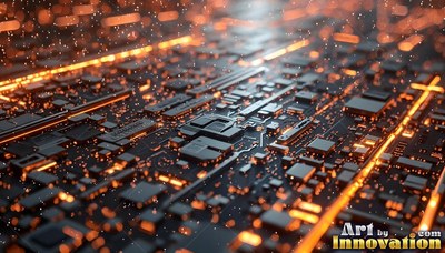 Shining with bright orange light, a shadowed circuit board is covered in sparks