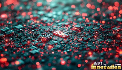 Circuit board covered in small red lights and dark microchips