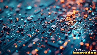Square microchips and copper contacts sit over a shadowed blue circuit board in warm light