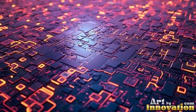 Circuit traces spread over a shadowed board under bright warm orange shine
