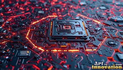 Tilted low across a circuit board, a dark computer chip is lit with red traces