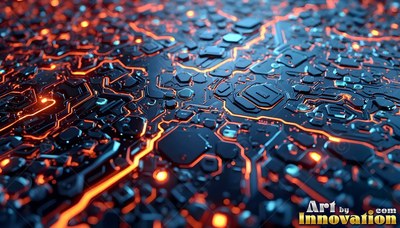 A black circuit board with bright orange beam running through the pathways