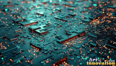 Across a deep black green circuit board, tiny gold lights shine between chips