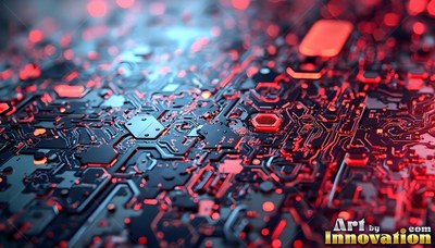 Lit by red lights, a dark circuit board angles away into soft blur