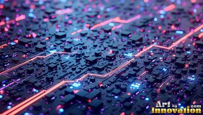 Circuit board with bright orange lines and dark blue blocks