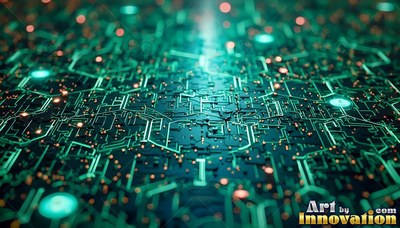 Green lit paths crisscross on a flat circuit board dotted with warm pink lights