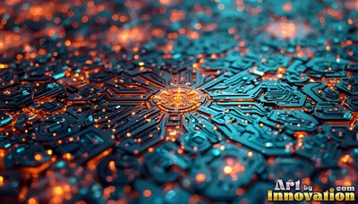 Circuit board pathways spread outward around bright orange lights on dark teal metal