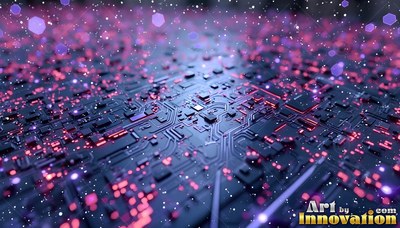 A dark blue circuit board covered with bright pink lights and blurry hexagons