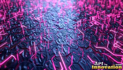 Along a dark bumpy surface, bright pink circuit lines rise upward