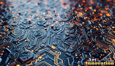 Shining with warm yellow lights, a black circuit board recedes into the blur