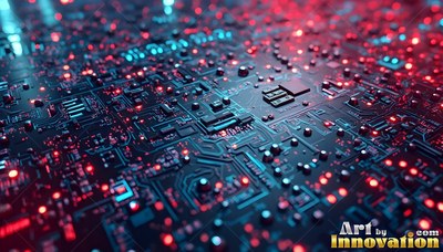Black circuit board lit with tiny red and blue lights