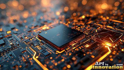 Square black microchip resting on a shadowed circuit board lined with bright orange beam trails