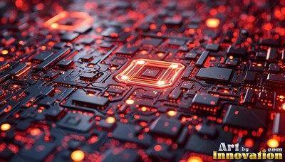 A central microchip sits on a shadowed circuit board, lit by orange points of light