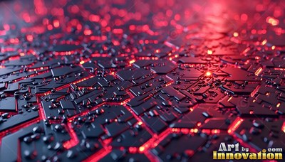 Tilted low over a dark circuit board with bright red light in the cracks