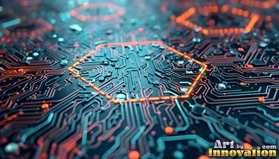 A circuit board with orange hexagon shapes on blue wire paths