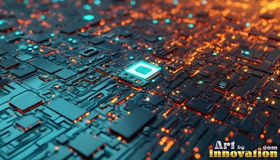 On a dark circuit board, a blue processor chip shines between orange brightness trails