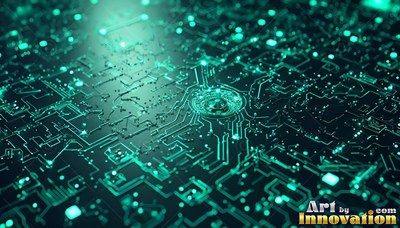 Spreading across a dark surface, a green circuit board shines with bright lines and pins