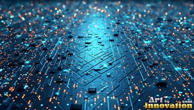 Blue circuit board covered with tiny orange and blue lights