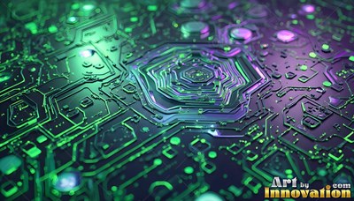 Concentric octagonal rings rise from a green and purple circuit board under soft light