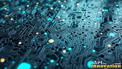 Circuit board traces spread along a dark surface lit by tiny yellow lights