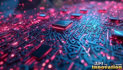 Tilted view of a circuit board brightened with pink and blue light points