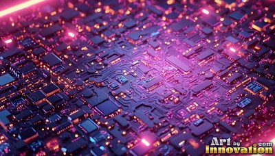 A dark computer circuit board shines with bright pink and orange lights