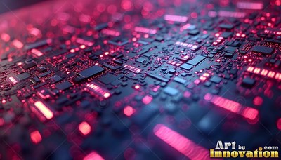 Along a dark circuit board, red lights shine along small computer chips