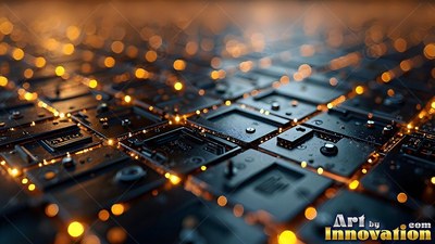 Spreading across a grid, dark computer chips shine with tiny yellow sparks of light