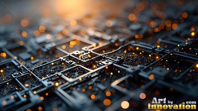 Circuit board with tiny orange lights and blurry dots