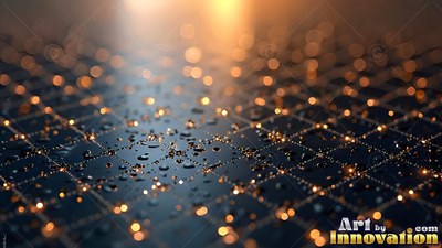 Clear water drops rest on a dark grid floor lit with warm yellow dots of light