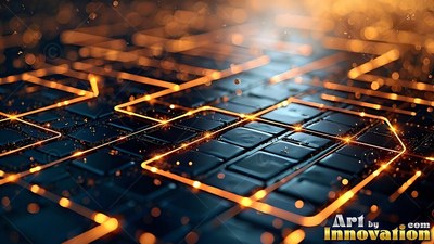 Circuit board traces run across dark square tiles with bright orange beam lines