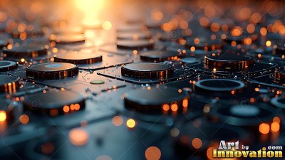 Tilted view across a deep black circuit board covered in tiny orange lights