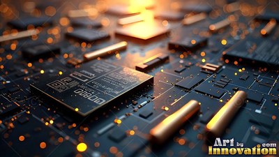 A black circuit board covered in square microchips and tiny warm yellow lights