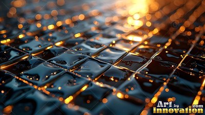 Reflecting warm orange light, a grid of wet black tiles stretches toward blurred sparkles