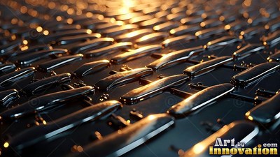 Black metal links in rows under warm orange light