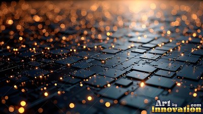 Square black tiles cover a computer chip, scattered with warm golden dots of light
