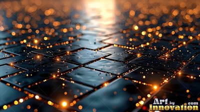 Tilted close-up of dark square tiles covered in bright golden sparks