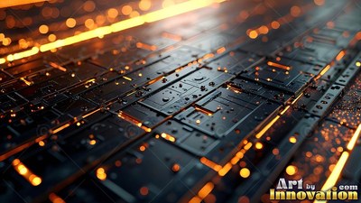 A black circuit board covered in water drops with warm orange light shining in the cracks