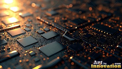 On a dimly lit circuit board, square microchips sit beneath warm golden light