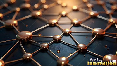 Copper balls connected by thin rods across a dark surface