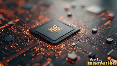 A dark computer chip sits on a circuit board lit by warm bright orange illumination points