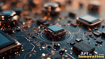 A close view of a dark computer circuit board with copper chips and gold lines