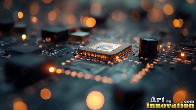 On a dimly lit circuit board, a square computer chip shines with warm orange lights