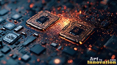 Shining with warm bright orange illumination, copper microchips sit on a deep gray circuit board