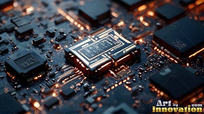 A microchip with bright orange light on a black circuit board