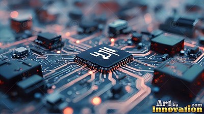 White markings on a central microchip set upon a black circuit board with warm copper pins